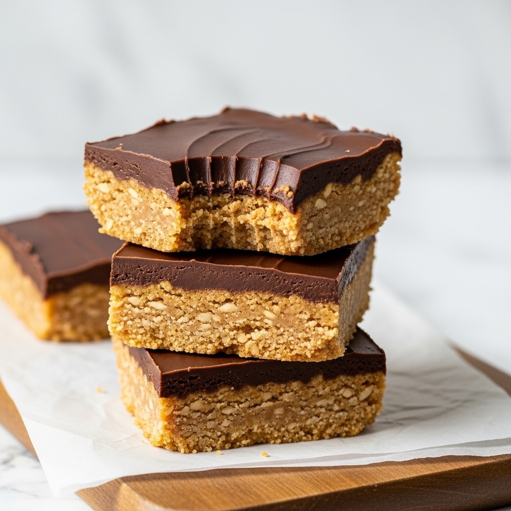 The image shows three square pieces of a two-layer dessert stacked on top of each other. The bottom layer is thick, golden brown, and crumbly, resembling a cookie or biscuit base. The top layer is smooth, shiny, and dark brown, like a chocolate coating spread evenly over the base. The top piece has a bite taken out of one corner, showing the texture of both layers clearly. The pieces are placed on a sheet of white parchment paper resting on a wooden board, all set against a white marbled textured surface in soft natural light. Photo taken with an iphone --ar 4:5 --v 7