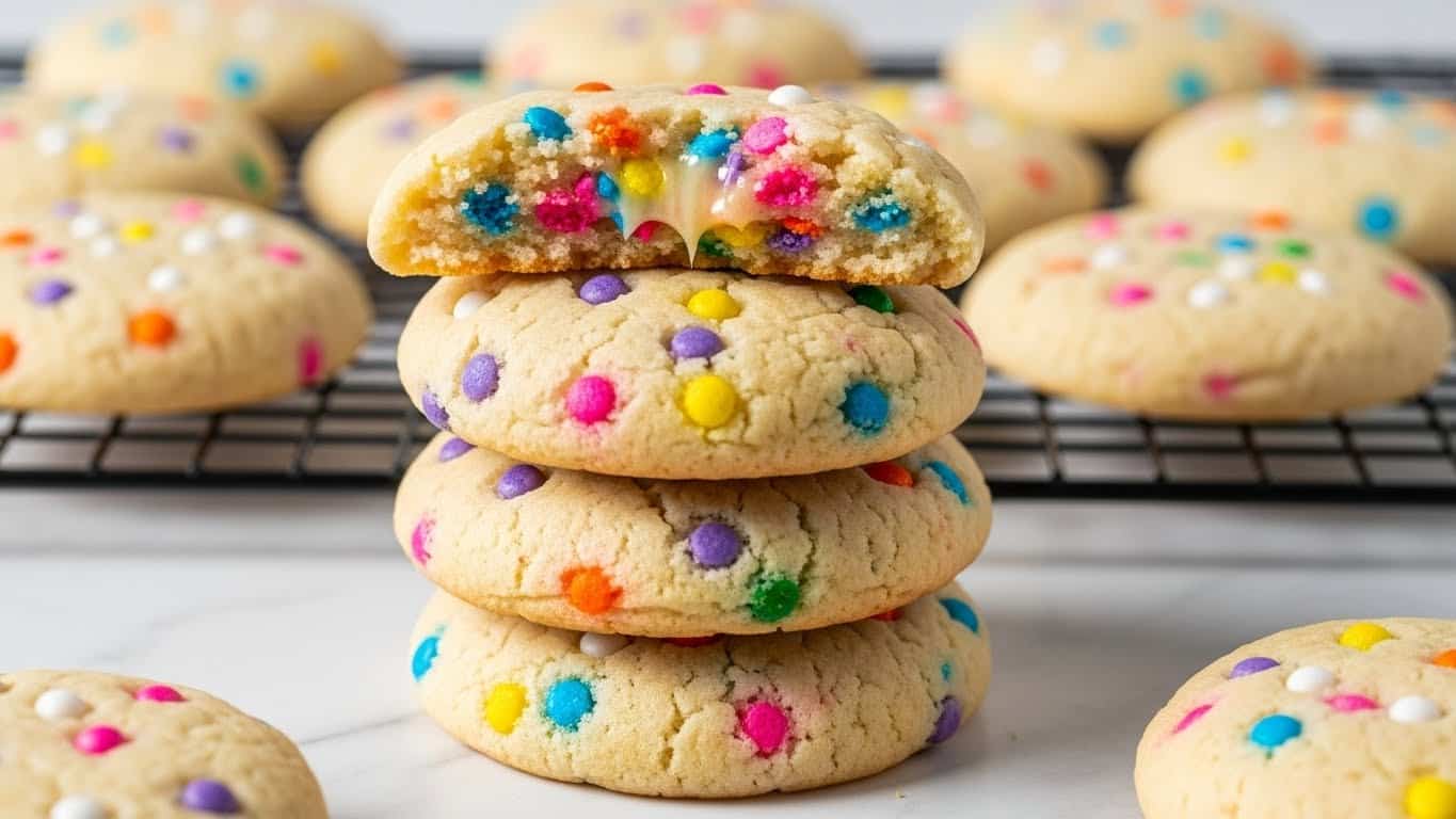 A stack of four soft, round cookies with a light beige color dotted with small, bright sprinkles in pink, orange, yellow, blue, purple, and white. The top cookie is broken in half, showing a slightly gooey and soft inside filled with the same colorful sprinkles. The cookies rest on a black cooling rack with more cookies blurred in the background and foreground, all on a white marbled surface. photo taken with an iphone --ar 4:5 --v 7