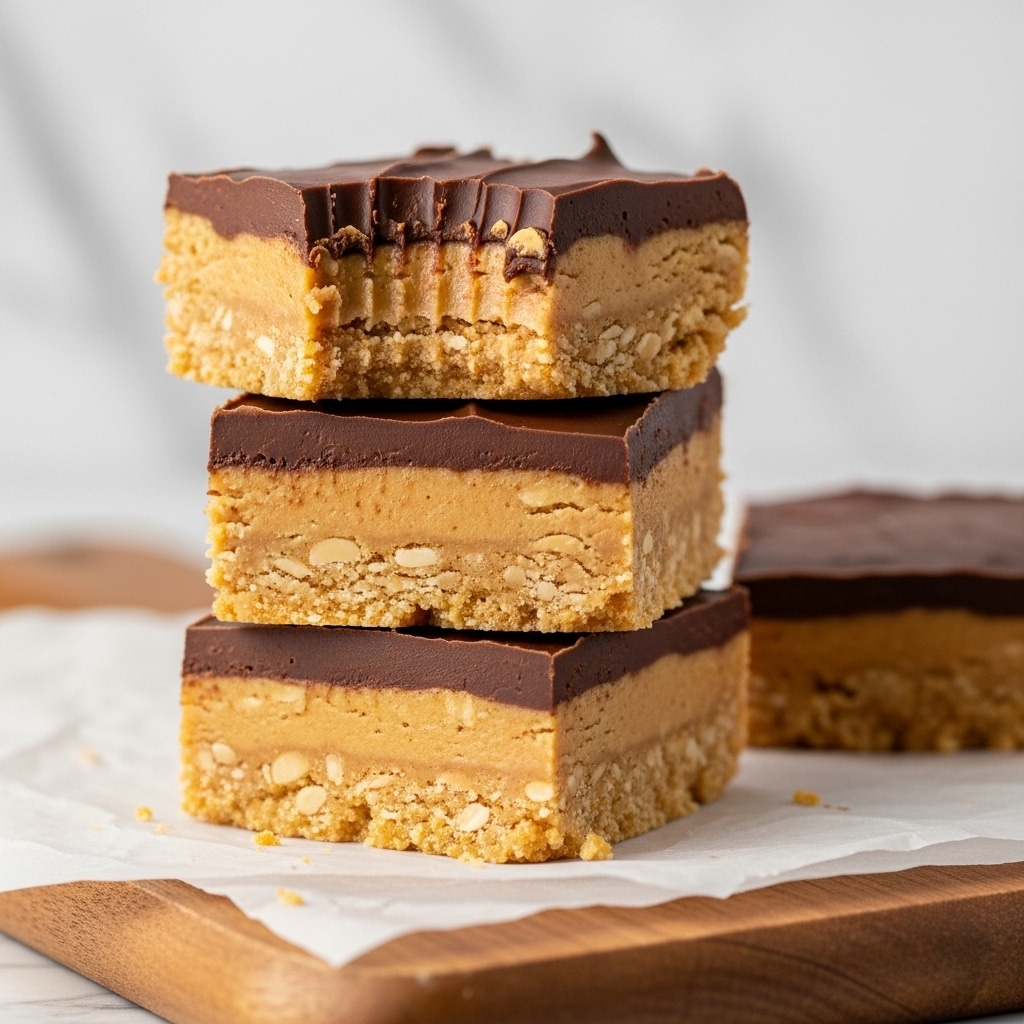 Three square bars of peanut butter and chocolate treat are stacked on each other on a piece of parchment paper, placed on a wooden board. Each bar has two layers: the bottom layer is thick, crumbly, golden peanut butter and the top layer is smooth, dark brown chocolate. The top bar has a small bite taken from one corner, showing the texture inside. The background is softly blurred with a white marbled texture beneath. photo taken with an iphone --ar 4:5 --v 7