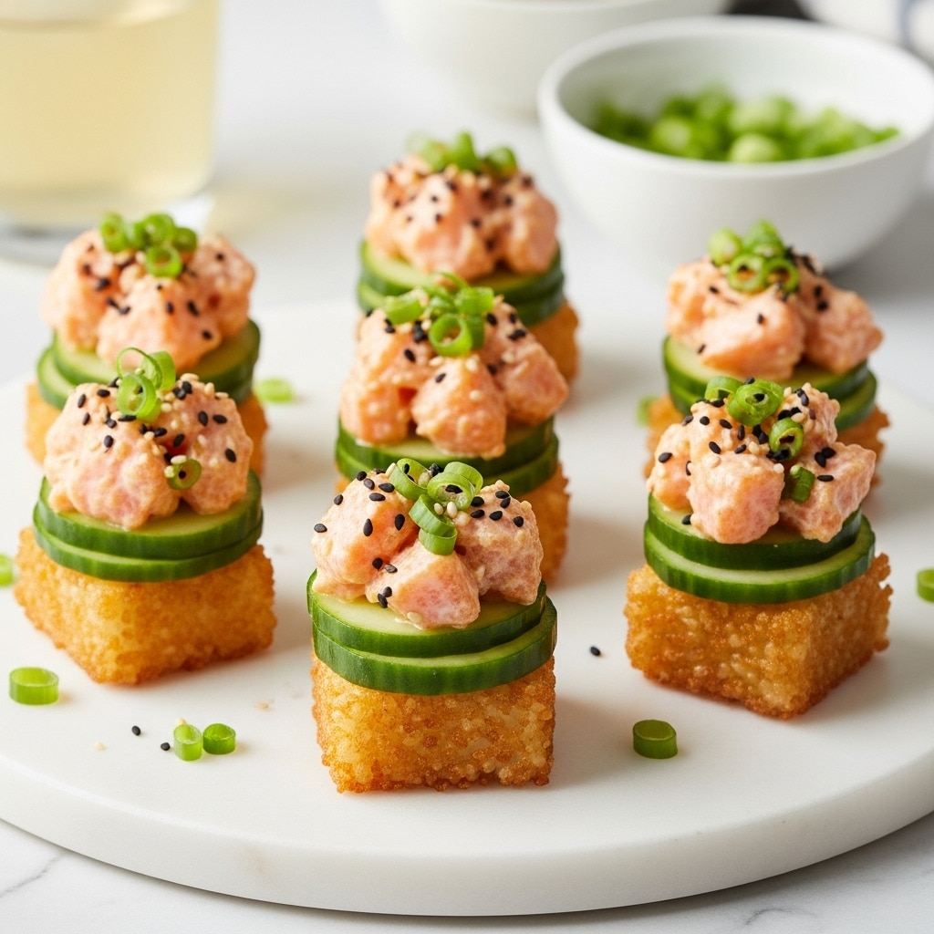 Six bite-sized sushi stacks are arranged on a round white marble board. Each stack has three layers: the bottom layer is a golden-brown crispy rice square, crispy and slightly shiny; the middle layer is a thin, bright green cucumber slice, smooth and fresh; the top layer is a chunky mix of orange salmon pieces coated in creamy sauce, sprinkled with black sesame seeds and small green onion rings. In the background, there is a white bowl with more sliced green onions and a glass of light-colored drink. The overall scene is bright with a clean white marble surface. photo taken with an iphone --ar 4:5 --v 7