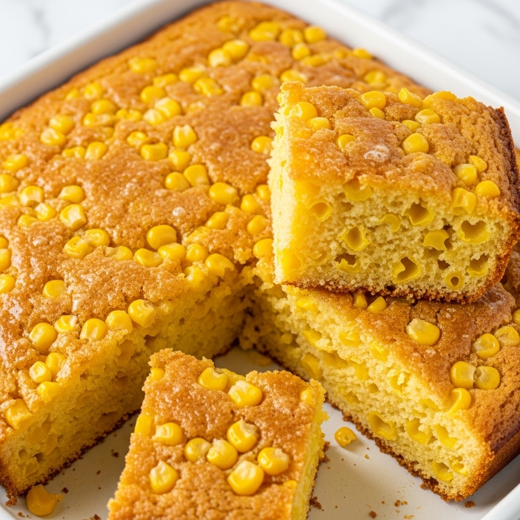A close-up view of a golden yellow cornbread with whole corn kernels visible inside and on top, showing a moist and slightly crumbly texture. The cornbread is baked in a white pan, with a crispy top layer that has a shiny, slightly buttery surface. Some pieces of cornbread have been cut and removed, revealing the soft and fluffy inner layer scattered with bright yellow corn kernels. The background is a white marbled texture. photo taken with an iphone --ar 4:5 --v 7