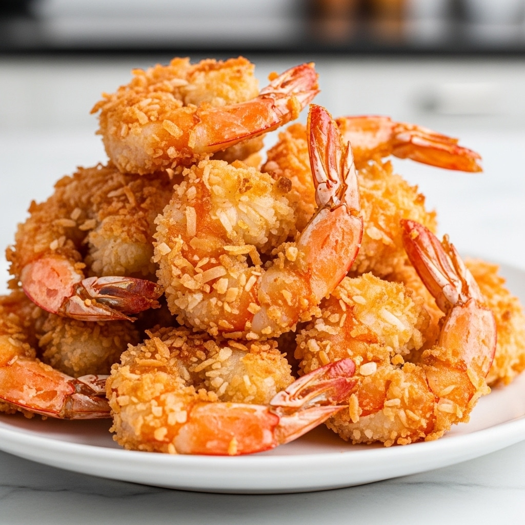 A close-up view of a pile of golden-brown coconut shrimp stacked on a white plate, each shrimp showing a crispy, textured coating with a slightly rough surface from the coconut flakes, the shrimp tails curled and a bit darker orange, creating a warm color contrast. The plate rests on a white marbled surface with a blurred kitchen background. The crispy shrimp have a crunchy and flaky look with a mix of light golden and reddish-brown shades. photo taken with an iphone --ar 4:5 --v 7