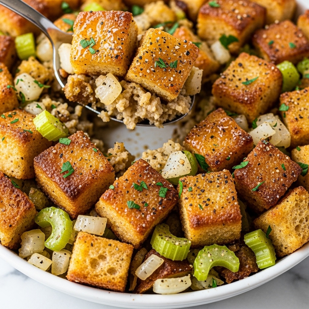 The image shows a close-up of a mixed dish in a white bowl with a spoon lifting a chunk of food. The dish has multiple layers, mainly composed of golden-brown toasted bread cubes with a glossy, slightly crispy top layer, sprinkled with chopped green herbs and black pepper. Beneath the bread, there are visible pieces of diced white onions and light green celery slices, giving the dish a varied texture. The food looks moist and well-seasoned, with a mix of soft and crunchy elements, and the background surface is a white marbled texture. Photo taken with an iphone --ar 4:5 --v 7