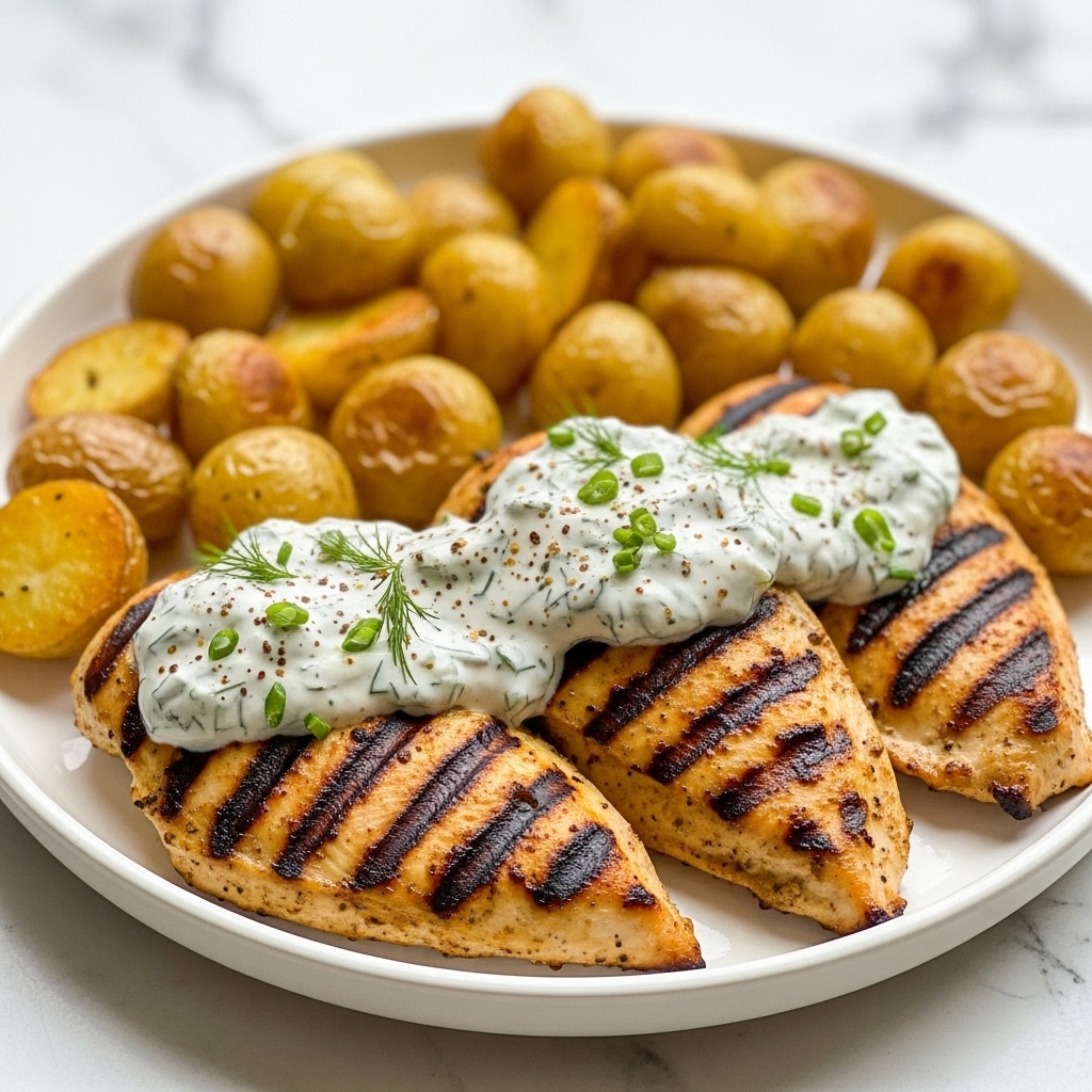 A white round plate holds two main layers: the bottom layer consists of grilled chicken breasts with golden brown and slightly charred edges, showing a textured surface from the grill marks. On top of the chicken, there is a creamy white sauce with herbs and small green bits, possibly dill, and some spices sprinkled around. Surrounding the chicken are roasted baby potatoes with a golden yellow color and a slightly crispy texture on the outside. The plate rests on a white marbled textured surface, and the background is out of focus with soft natural light. photo taken with an iphone --ar 4:5 --v 7