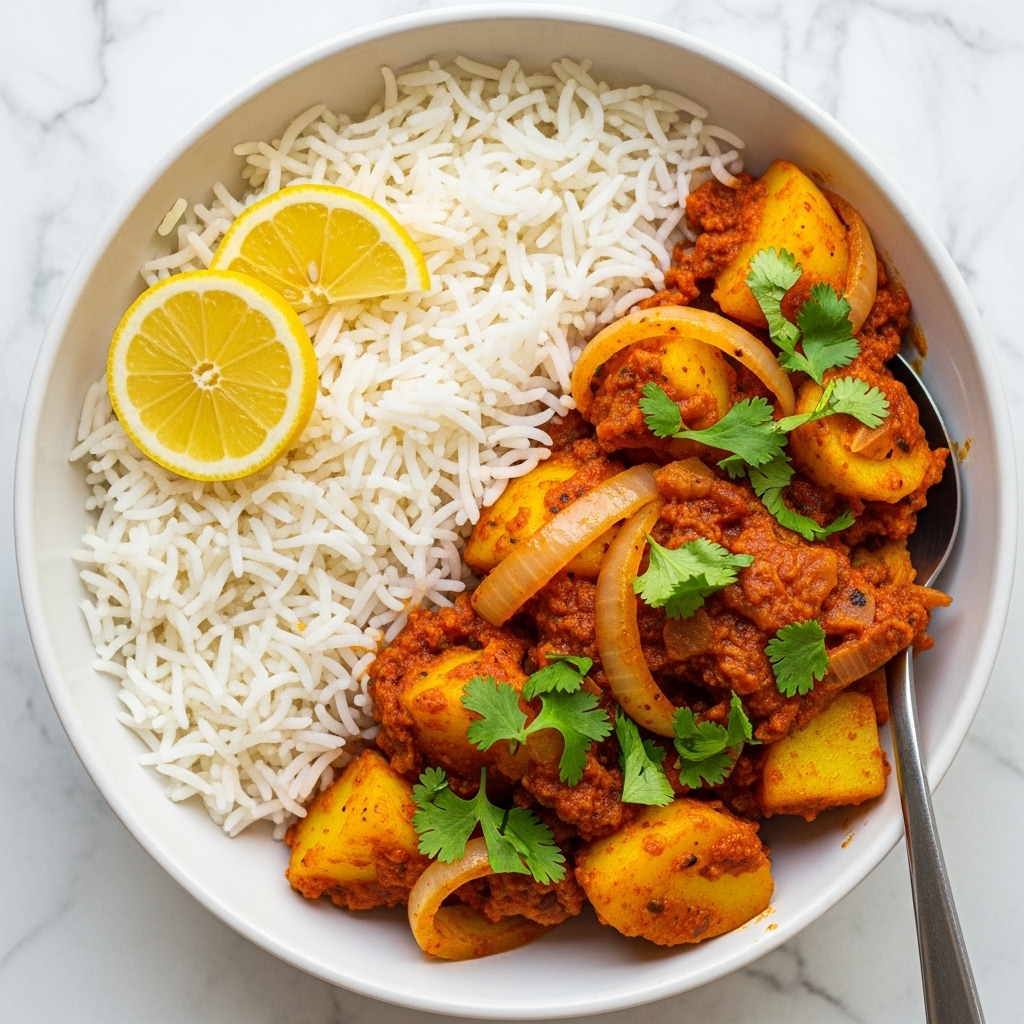 This image shows a bowl with two main parts: on one side, there is a mound of white basmati rice with long, fluffy grains, topped with two bright yellow lemon wedges. On the other side, there is a spicy potato curry made up of yellow potato chunks mixed with slices of cooked onion, all coated in a vibrant red and orange sauce that looks thick and textured with spices. The curry is sprinkled generously with fresh green chopped cilantro leaves, adding brightness to the dish. The bowl is placed on a white marbled surface, and a spoon is visible near the edge of the bowl. Photo taken with an iphone --ar 4:5 --v 7