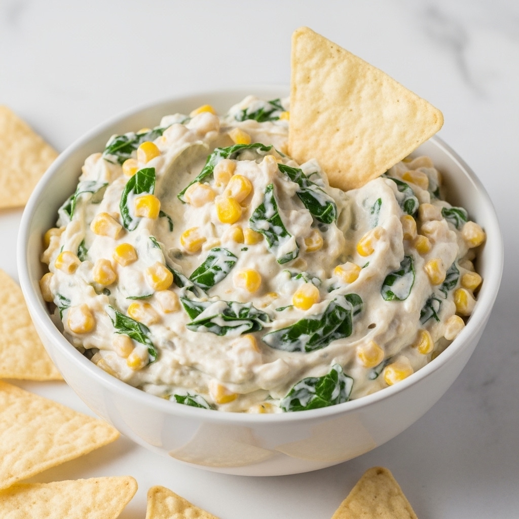 A white bowl filled with a creamy mixture of chopped green vegetables and bright yellow corn kernels, coated in a thick, light-colored sauce, with a single triangular chip dipped into the mixture on the left side. In the background, there are more triangular chips placed casually on a blue cloth, all set on a white marbled texture surface. The mixture looks textured and chunky with visible pieces of vegetables and corn photo taken with an iphone --ar 4:5 --v 7
