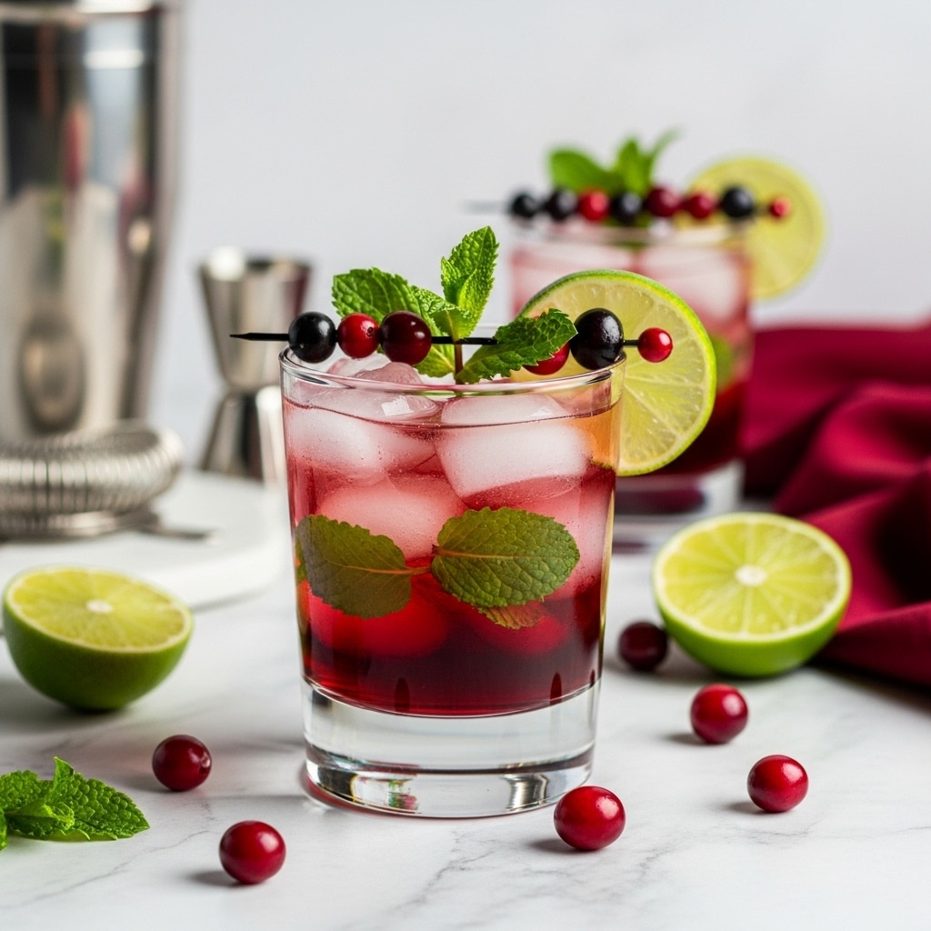 This image shows a short clear glass filled with three layers: the bottom layer is dark red liquid, the middle and top layers are filled with semi-transparent ice cubes occupying most of the glass, topped with bright green fresh mint leaves and a light green lime wheel placed on the rim. A skewer with dark red and black small berries rests on the top edge of the glass. The glass is placed on a white marbled surface scattered with red cranberries and lime halves, with a silver cocktail shaker and another similar glass blurred in the background, alongside a dark red cloth. Photo taken with an iphone --ar 4:5 --v 7