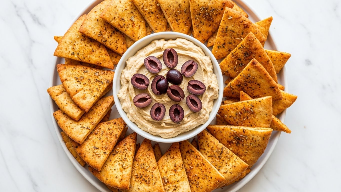 A round white plate sits on a white marbled surface, filled with crispy triangular pita chips seasoned with herbs and spices, arranged in a circle. In the middle of the plate is a small white bowl containing a creamy, light beige dip topped with several halved dark purple olives, creating a contrast in color and texture. The pita chips have a golden-brown color with visible seasoning flecks, and the dip appears smooth with a slightly rough texture. photo taken with an iphone --ar 4:5 --v 7