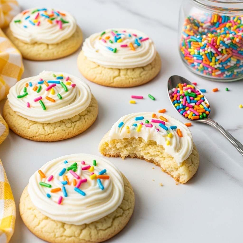 The image shows soft, round sugar cookies with one broken in half to reveal a light, fluffy inside. Each cookie has a thick layer of white creamy frosting swirled on top, decorated with colorful round and rod-shaped sprinkles in various bright colors like pink, green, blue, yellow, and orange. The cookies rest on a white marbled surface, and there is a silver spoon full of sprinkles next to a glass jar filled with more sprinkles. A yellow and white checkered cloth is partially visible in the corner. The whole scene is brightly lit, highlighting the soft texture of the cookies and the smooth frosting. photo taken with an iphone --ar 4:5 --v 7