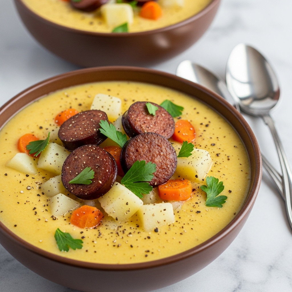The image shows a close-up of a bowl filled with thick, creamy yellow soup as the base layer. Floating on the surface are small cubes of white potatoes and pieces of orange carrots, creating a colorful contrast. Several round slices of dark brown sausage rest on top, surrounded by scattered green parsley leaves that add freshness. The soup is lightly sprinkled with black pepper specks, adding visual texture. The bowl is a rustic brown color, and the scene includes another similar bowl in the background, both placed on a surface with a white marbled texture. Two silver spoons rest nearby on the surface, slightly blurred in the background. photo taken with an iphone --ar 4:5 --v 7