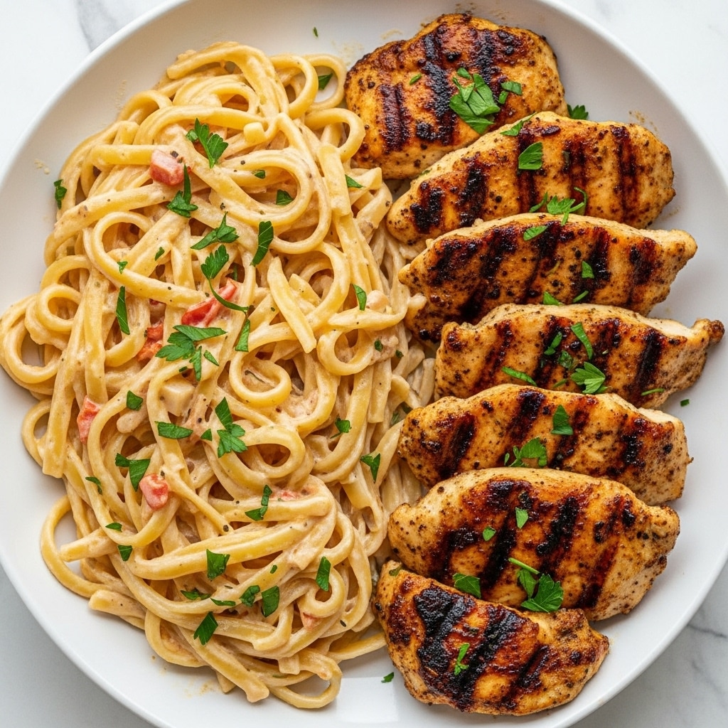 A white plate filled with two main layers: on the left side, a bed of creamy fettuccine pasta coated in a light beige sauce with visible bits of red and orange, sprinkled with chopped green herbs. On the right side, several grilled chicken pieces are arranged closely, showing a crispy, slightly charred texture with a golden brown color, also topped with chopped green herbs. The white marbled surface is barely visible around the plate edges. photo taken with an iphone --ar 4:5 --v 7