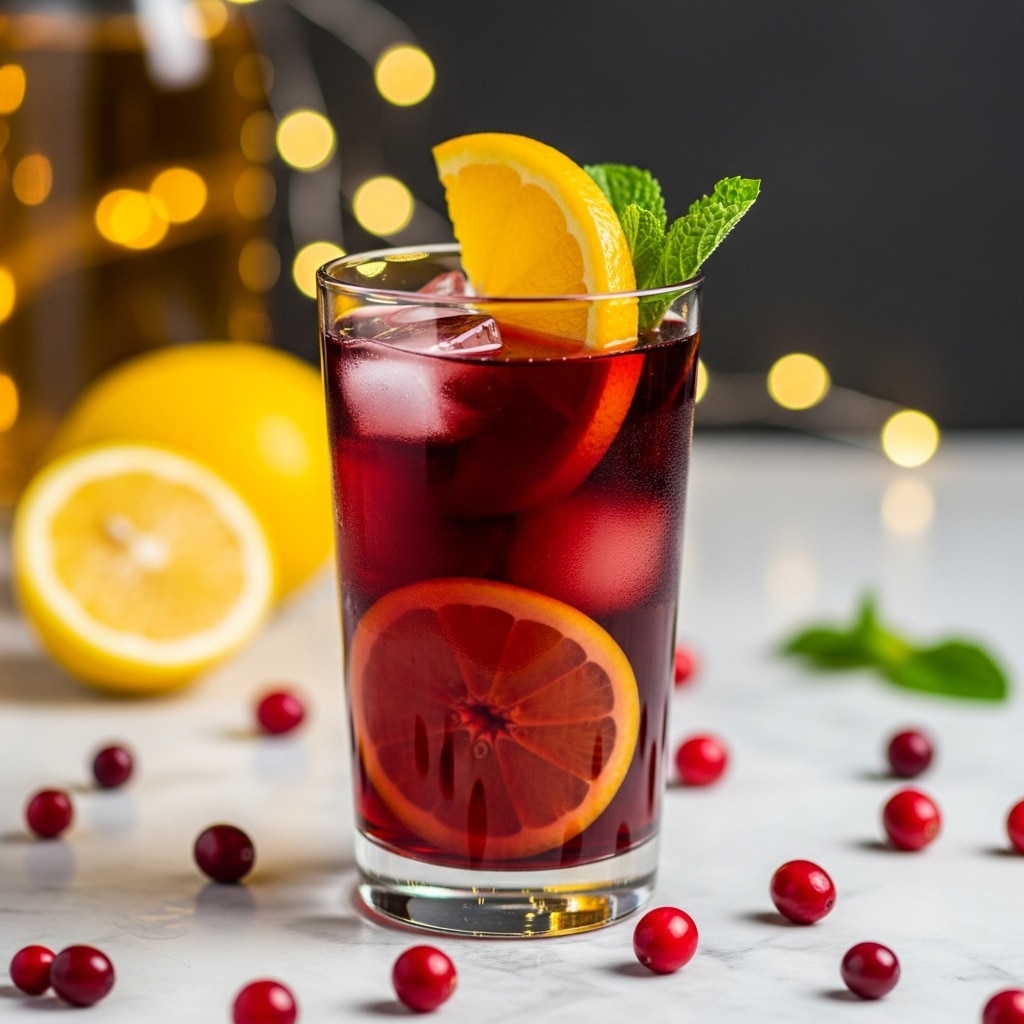A tall clear glass filled with dark red liquid and ice cubes. Inside the glass, there are two round orange slices, one near the bottom and one curved along the side. On the rim of the glass, there is another orange slice and a small green mint leaf next to it. The glass is placed on a white marbled surface scattered with small red cranberries. In the blurry background, there is a yellow lemon and a bottle with warm yellow lights creating a soft bokeh effect. Photo taken with an iphone --ar 4:5 --v 7
