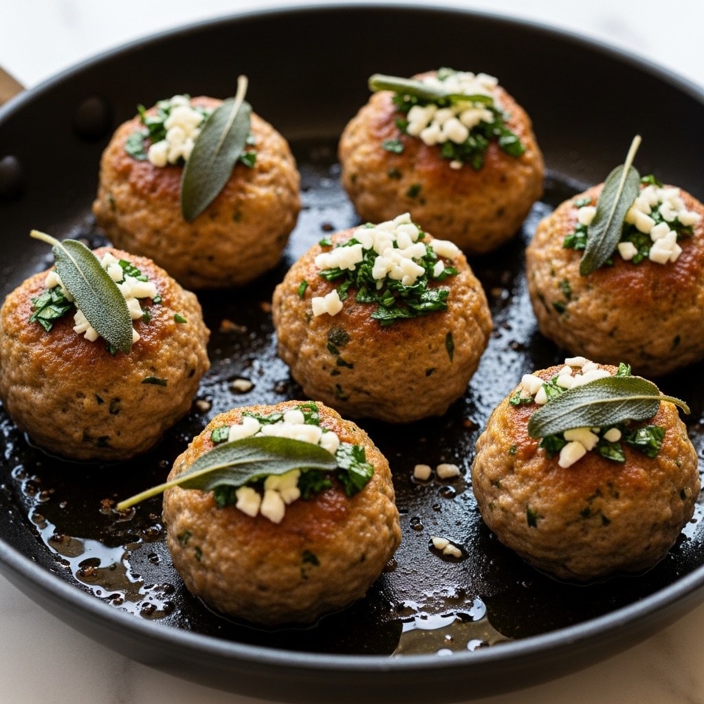 A close-up of six golden brown meatballs cooked in a black pan, each topped with finely chopped green herbs and small white shreds of cheese, with a few whole sage leaves placed on top. The meatballs have a slightly crispy texture with visible tiny charred spots, and there is a light layer of oil pooling around them, adding shine. The pan rests on a white marbled surface that softly reflects light in the background, giving a warm and fresh look to the setting. photo taken with an iphone --ar 4:5 --v 7