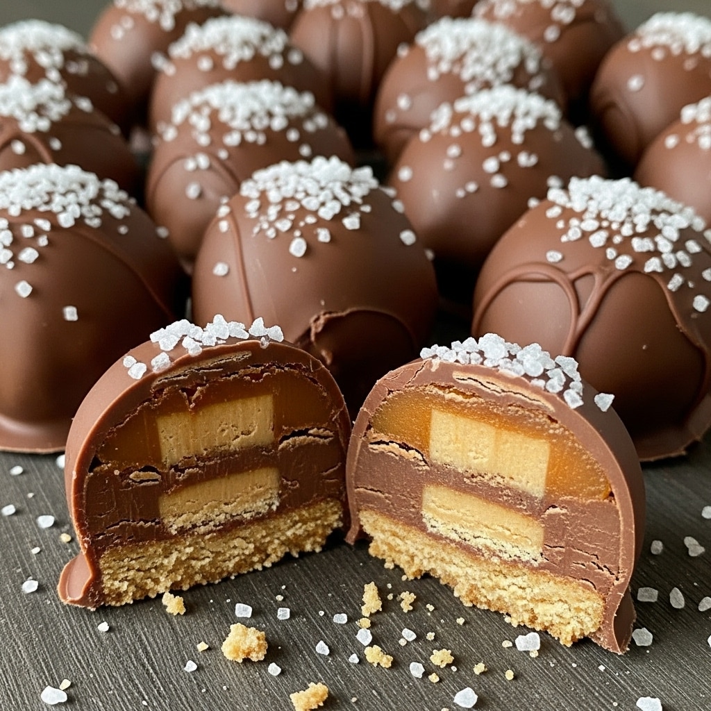 The image shows a group of round chocolate truffles arranged closely together on a dark wooden surface, each coated with smooth milk chocolate and sprinkled with small crushed white sugar crystals on top. Two truffles in the front are cut in half, revealing three layers inside: a light brown soft caramel layer sandwiched between a thin outer shell of milk chocolate and a crumbly beige cookie base at the bottom. The chocolate coating is glossy and slightly cracked where broken, and more sugar crystals are scattered on the wooden surface around the truffles. photo taken with an iphone --ar 4:5 --v 7