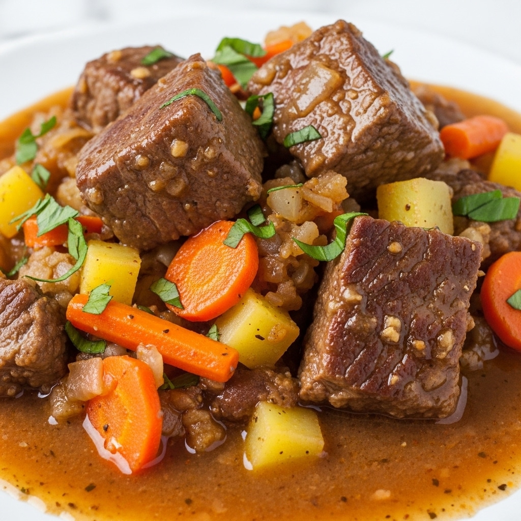 The image shows a close-up of a thick stew with several layers blending together. The bottom layer is a rich, brown sauce with a glossy texture. Large chunks of browned meat sit on top, showing a mix of tender surfaces and some crusty edges. Interspersed among the meat are small, bright orange carrot strips and diced light yellow vegetables, all mixed in the sauce. Fresh green herbs are scattered throughout, adding small pops of color against the darker stew. The whole mixture looks hearty, moist, and slightly chunky, with a variety of textures from soft to firm. The background is a white marbled texture. Photo taken with an iphone --ar 4:5 --v 7