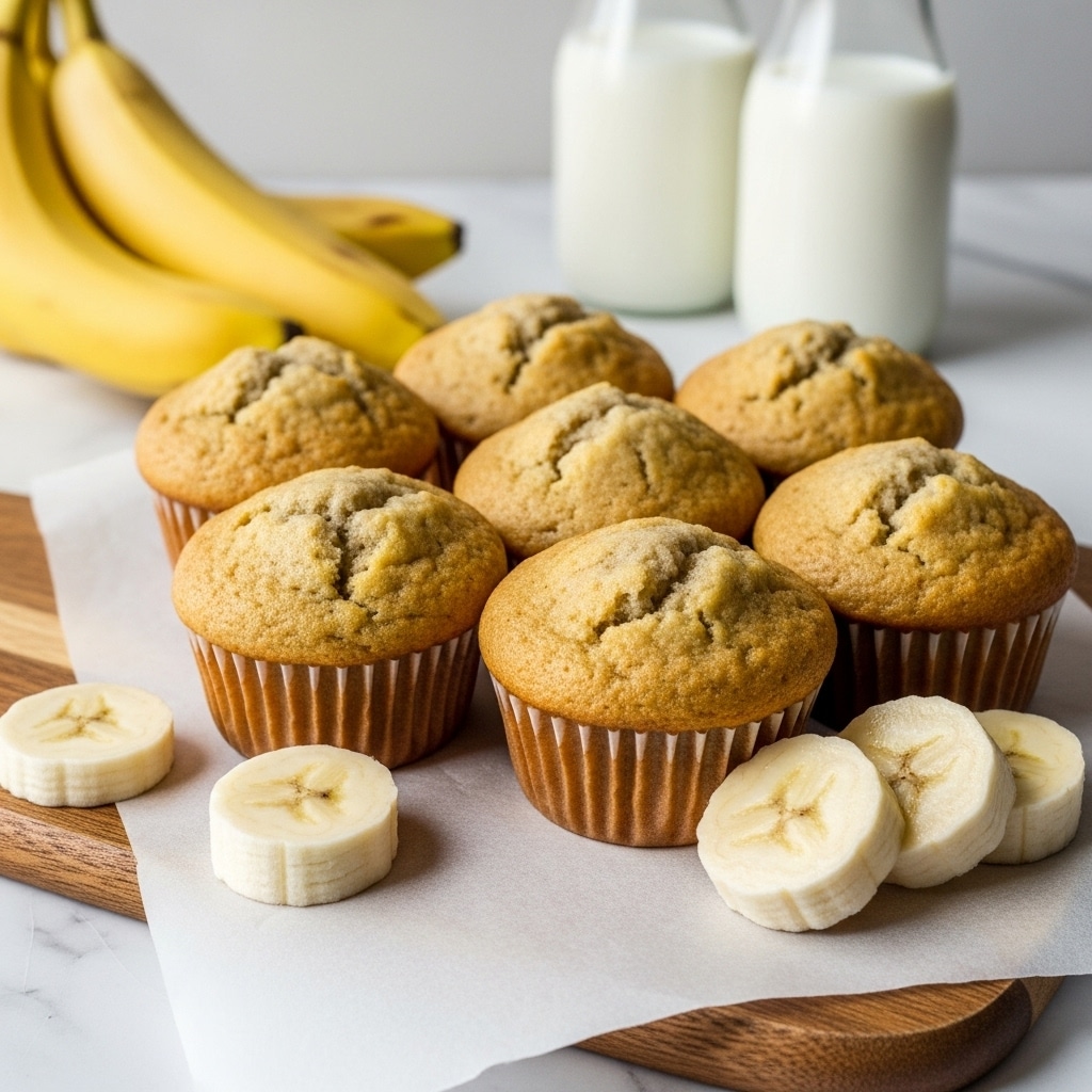 Seven golden brown banana muffins with slightly cracked tops sit close together on a piece of off-white parchment paper on a wooden board. Around the muffins, there are three banana slices showing the pale yellow flesh with small dark seeds in the center. In the background, a bunch of whole bananas is visible on the left side, and there are two glass bottles filled with milk blurred in the distance. The surface beneath is a white marbled texture. photo taken with an iphone --ar 4:5 --v 7