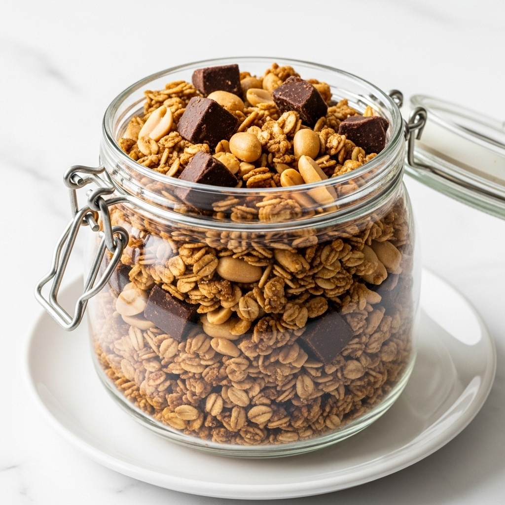 A clear glass jar filled with chunky granola showing multiple layers of toasted oats in light golden brown, mixed with whole and broken peanuts in creamy beige, and large dark brown chocolate chunks scattered throughout, all packed tightly inside the jar which has a metal clasp locking the lid. The jar sits on a white plate placed on a white marbled surface. photo taken with an iphone --ar 4:5 --v 7