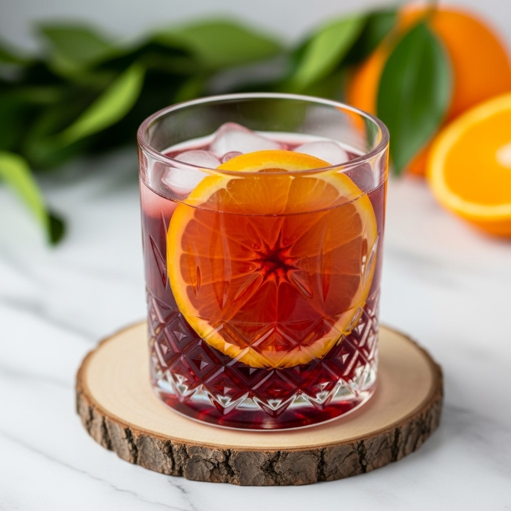 A clear glass with a diamond pattern holds a dark red drink filled with ice cubes. Inside the glass, on one side, there are two bright orange slices pressed against the glass, showing their juicy texture. The glass sits on a round piece of wood placed on a white marbled surface. The background is softly blurred with green leaves and whole oranges partly visible, giving a fresh feeling. photo taken with an iphone --ar 4:5 --v 7