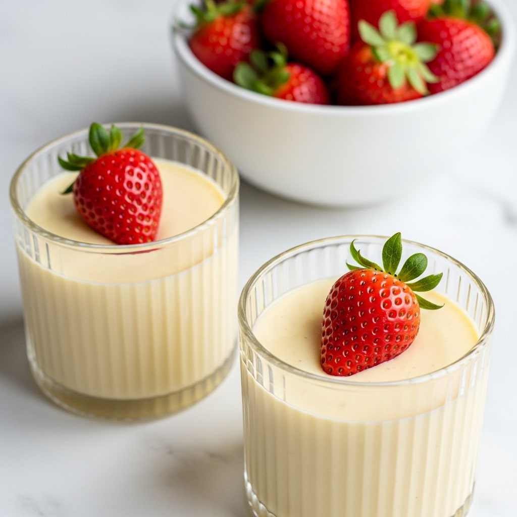 The image shows two clear, ribbed dessert glasses each filled with a smooth, creamy pale yellow pudding. On top of each pudding, there is a fresh red strawberry with green leaves, adding a pop of color and texture. In the background, a white bowl is filled with more fresh red strawberries, resting on a white marbled surface. The soft lighting highlights the creamy texture of the pudding and the shine of the strawberries, creating a fresh and inviting look. photo taken with an iphone --ar 4:5 --v 7