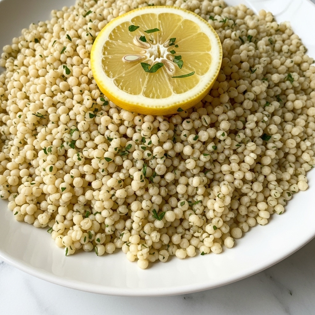 The image shows a close-up of small, round pearl couscous grains that look soft and slightly shiny, piled high on a white plate. The couscous is sprinkled with tiny green herb pieces throughout, adding a light touch of color. On top, there is a bright yellow lemon wedge placed near the center, with visible juicy segments and a bit of herb on it. The plate sits on a white marbled surface, making the colors of the food stand out clearly. photo taken with an iphone --ar 4:5 --v 7