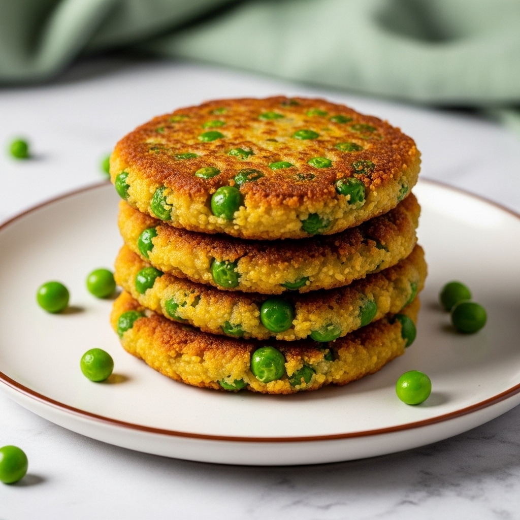 A stack of four golden-brown flat round patties with a crispy texture, each patty dotted with bright green peas, is placed in the center of a white plate with a thin brown rim. The patties have a slightly uneven surface showing a crunchy outer layer and softer inside. Some green peas are scattered around the plate. The plate rests on a white marbled texture with a soft green cloth blurred in the background. Photo taken with an iphone --ar 4:5 --v 7