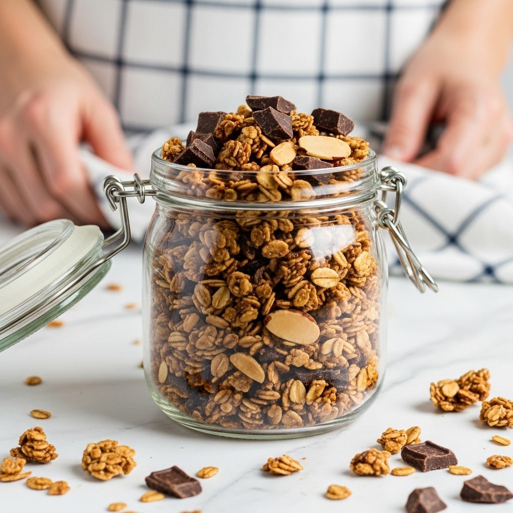A clear glass jar filled with a crunchy granola mix sits on a white marbled surface. The granola layers are uneven but full, showing a mix of brown toasted oats, light beige sliced almonds, and dark brown chunks of chocolate on top. The metal clasp of the jar is visible on the side, with some granola scattered around the jar on the surface. In the background, a woman’s hand can be seen holding a white and blue checkered napkin. photo taken with an iphone --ar 4:5 --v 7