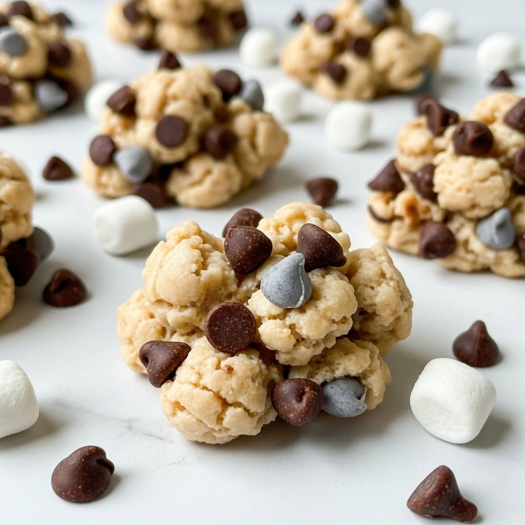 The image shows a close-up of small clusters made of light beige, creamy candy mixed with mini dark brown chocolate chips and light grayish chocolate chips, creating a bumpy and chunky texture. Each cluster is irregular in shape with chocolates scattered on the surface, giving a rich contrast to the creamy base. Around the clusters, there are small white marshmallows and more chocolate chips scattered on a white marbled textured surface. The clusters are arranged casually, with a soft focus on the background, emphasizing the texture and mix of colors in the foreground cluster. photo taken with an iphone --ar 4:5 --v 7