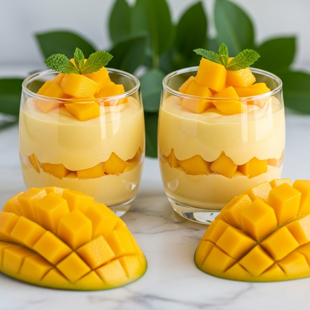 Two glass dessert cups are filled with smooth, creamy yellow mango mousse, topped with small bright orange mango cubes and a fresh green mint leaf on top of each. Each cup has one main layer of mousse with mango pieces piled on top. Around the cups on a white marbled surface are two mango halves cut into grid-like cubes, their bright orange-yellow color contrasting with the creamy mousse. In the background, soft green leaves add a fresh touch. The lighting is soft, highlighting the mousse’s creamy texture and the juicy mango pieces. photo taken with an iphone --ar 4:5 --v 7