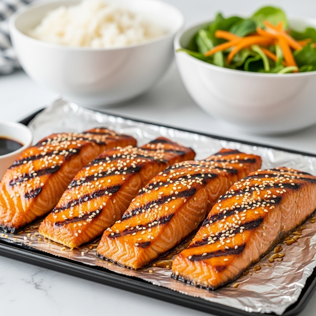 The image shows five grilled salmon fillets with a shiny, caramelized glaze and sprinkled with sesame seeds, arranged on a sheet of crinkled foil on a black tray. The salmon is a rich orange color with visible grill marks and a slightly charred texture on the edges. Behind the tray, there are two white bowls blurred in the background; one bowl contains white rice, and the other has a fresh salad with green leaves and thin strips of orange carrot. A small white bowl with dark soy sauce is partially visible on the left side near the salmon. The whole setting is placed on a white marbled surface. photo taken with an iphone --ar 4:5 --v 7