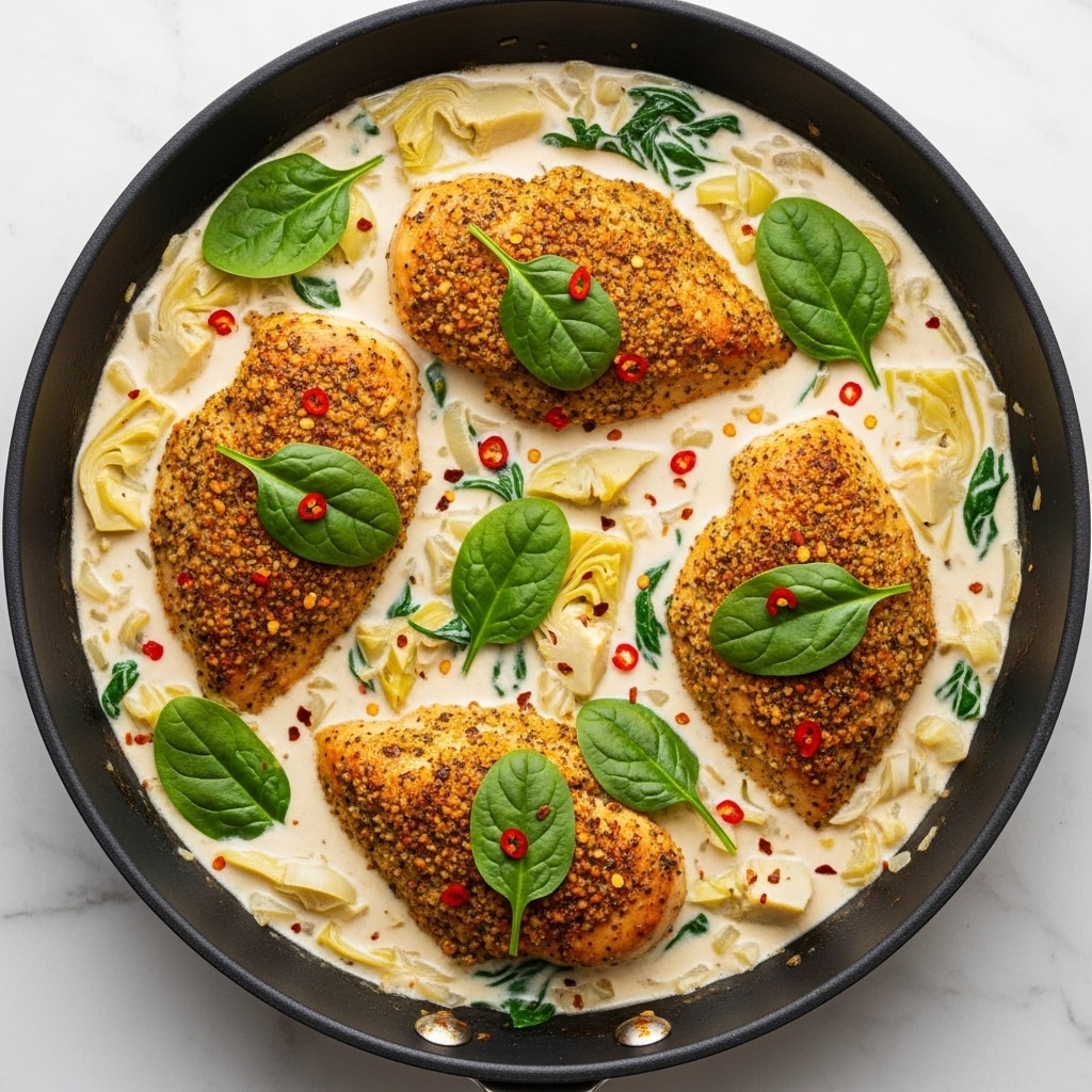 The image shows a pan filled with four large pieces of cooked chicken breasts with a golden brown, crispy herb crust. The chicken rests in a creamy white sauce mixed with visible chopped onions, soft artichoke hearts, and fresh dark green spinach leaves scattered on top. The sauce is smooth and thick, pooling around and covering parts of the chicken. Small red chili flakes are sprinkled lightly over the dish, adding texture and color contrast. The pan is placed on a white marbled surface. photo taken with an iphone --ar 4:5 --v 7