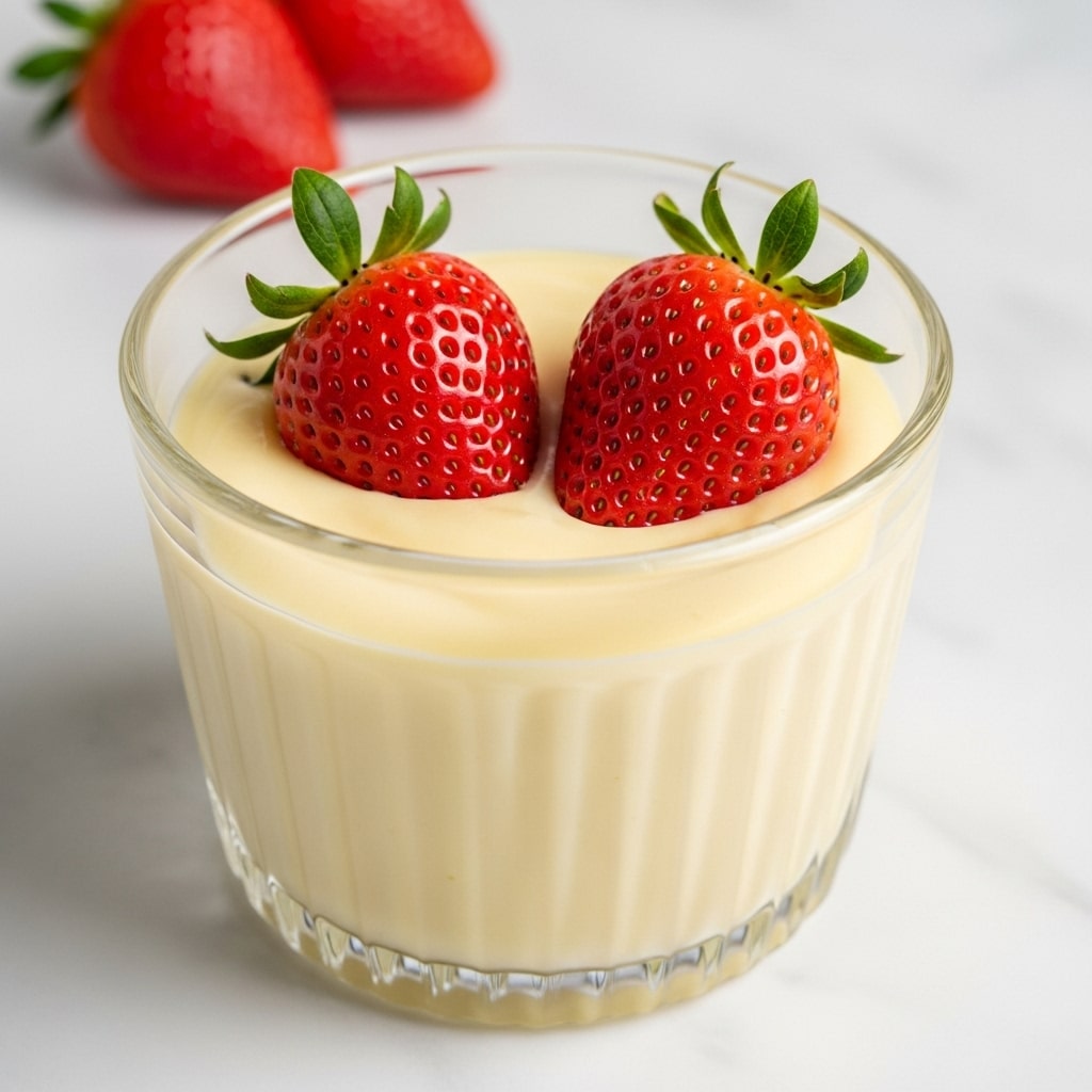 A clear glass dessert cup with vertical lines holds a smooth, creamy pale yellow custard filling the cup almost to the top. Two whole red strawberries with green leaves are placed on the surface of the custard, one slightly in front of the other, adding a fresh and colorful contrast. The background shows a soft focus strawberry on a white marbled surface. Photo taken with an iphone --ar 4:5 --v 7