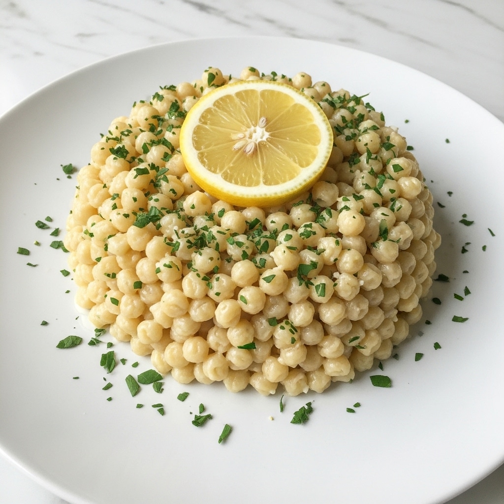 A mound of small, round, creamy pasta pearls is shaped into a neat dome on a white plate, topped with a bright yellow lemon wedge at the center and sprinkled with finely chopped green herbs all over. The pasta has a soft, slightly glossy texture and light beige color. The white plate contrasts with the food, sitting on a white marbled surface. photo taken with an iphone --ar 4:5 --v 7