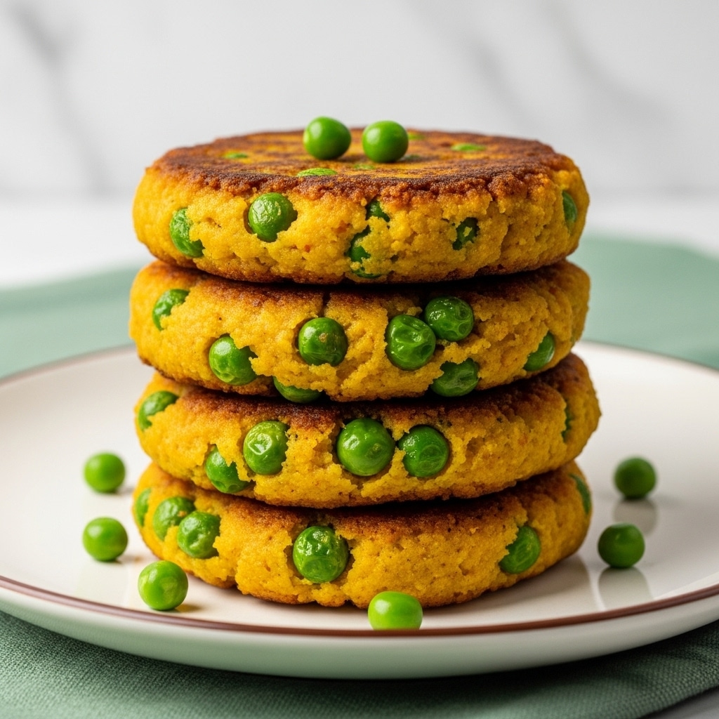 A stack of four thick, round patties with a golden-brown crust is placed on a white plate with a thin brown rim. Each patty has a slightly rough texture, filled with bright green peas embedded in the yellow-orange dough. The top patty shows a crispy, unevenly browned surface, while peas peek out from the sides. A few loose green peas are scattered on the plate around the stack. The plate rests on a soft green fabric, with a white marbled texture in the background. photo taken with an iphone --ar 4:5 --v 7