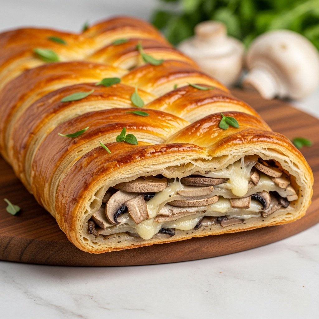 A golden-brown braided pastry filled with layers of sliced mushrooms and melted cheese inside. The outer crust is shiny, flaky, and crispy with multiple thin layers showing. Fresh green herb sprigs are scattered on top of the pastry. It rests on a wooden board with blurred mushrooms and greenery in the background, all set on a white marbled texture. photo taken with an iphone --ar 4:5 --v 7