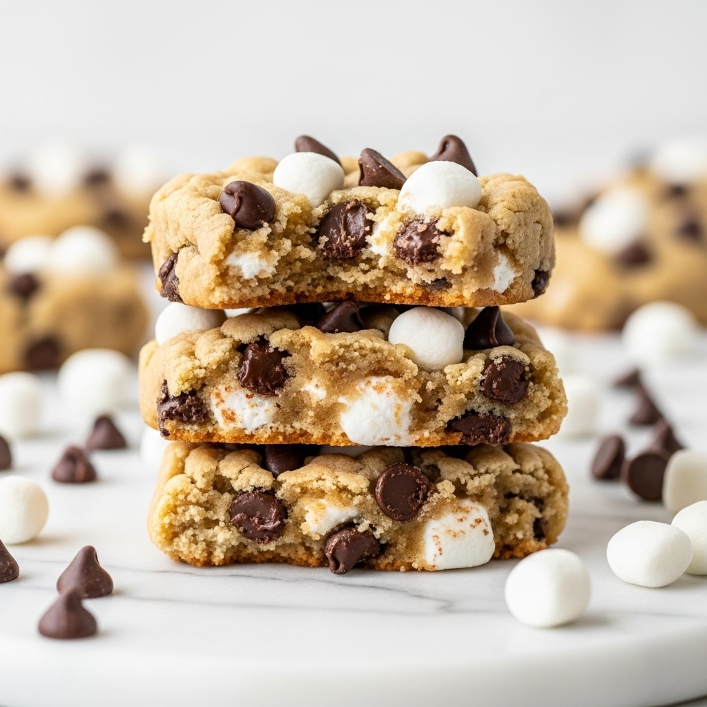 A stack of three uneven, chunky cookie-like treats sits on a white marbled surface, each layer light tan in color with a rough texture filled with small white marshmallow bits and dark brown chocolate chips scattered throughout and on top. The top piece has a bite taken out of it showing a slightly gooey inside mixed with marshmallows and chocolate chips. Around the stack, loose chocolate chips and small white marshmallows are scattered softly out of focus. The background is a soft white color with a clean, bright look. Photo taken with an iphone --ar 4:5 --v 7