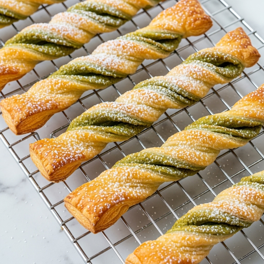 The image shows several twisted puff pastry sticks resting on a metal cooling rack. Each stick has two visible layers: a golden-brown outer layer with a flaky texture, and a greenish layer twisted inside, likely a flavored filling. The pastries have a light dusting of powdered sugar, giving a soft white contrast to the warm golden and green tones. The background beneath the rack is a white marbled texture. Photo taken with an iphone --ar 4:5 --v 7