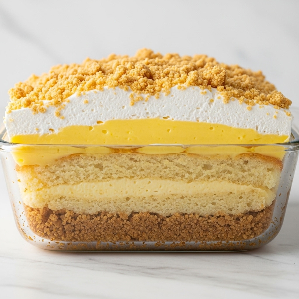 The image shows a thick dessert slice with four visible layers inside a clear glass dish on a white marbled background. The bottom layer is a golden brown crumbly crust, rough in texture. Above this is a pale, slightly spongy cake layer. The third layer is a smooth, bright yellow custard filling, glossy and thick. On top is a white fluffy cream layer, capped with a crumbly, coarse golden topping that looks crunchy. The slice is cut, showing all layers clearly. Photo taken with an iphone --ar 4:5 --v 7