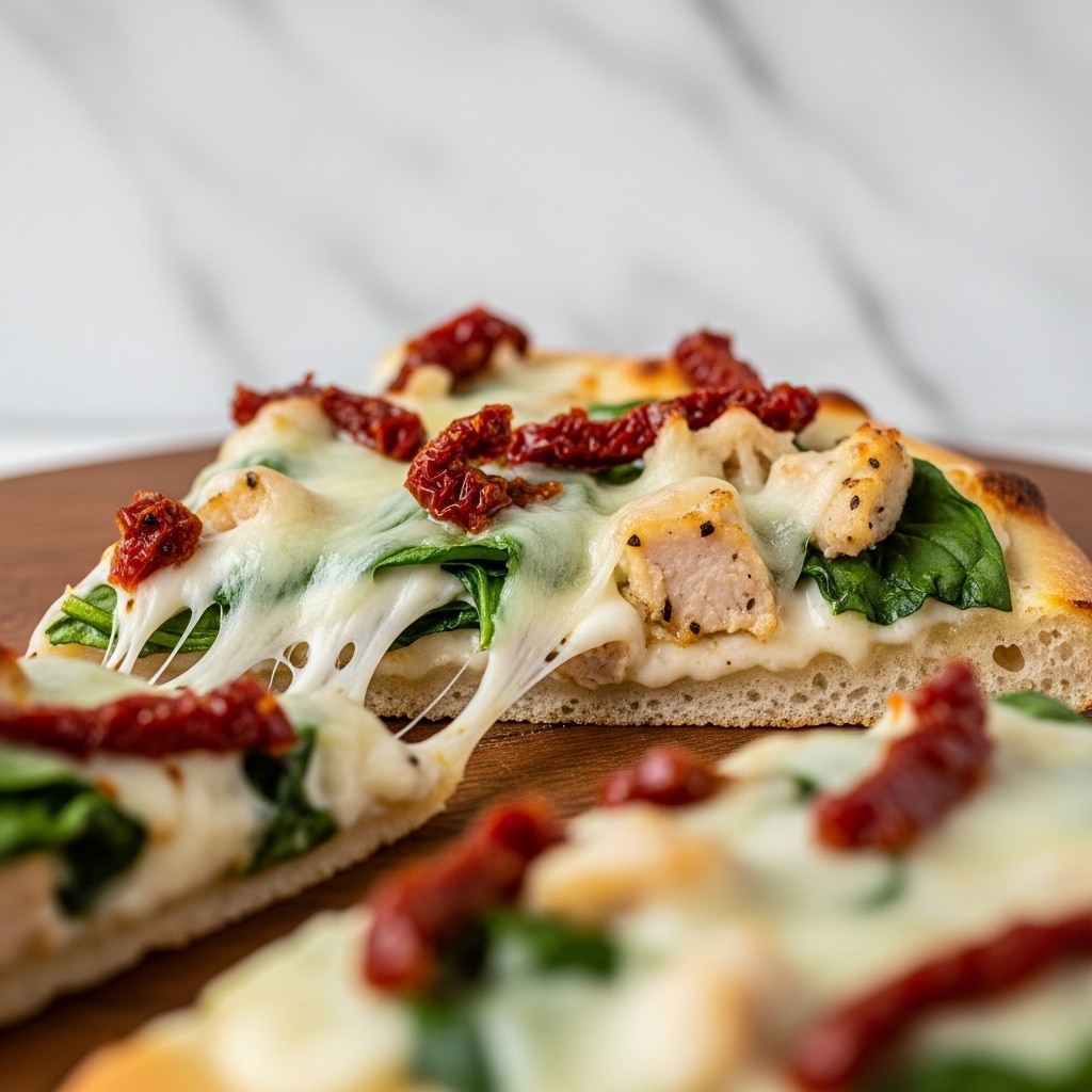 The image shows a close-up of a single slice of pizza on a wooden surface with a white marbled texture background blurred out behind. The pizza slice has a soft, slightly thick crust forming the base layer, topped with a creamy white sauce that covers the entire slice evenly. On top, there are melted gooey white cheese layers that stretch slightly, mixed with pieces of red sun-dried tomatoes and green spinach leaves, giving a colorful and fresh look to the slice. Small bits of light brown cooked chicken or similar protein are also visible under the cheese, adding texture. Another pizza slice is slightly visible in the blurred foreground, showing similar toppings. photo taken with an iphone --ar 4:5 --v 7