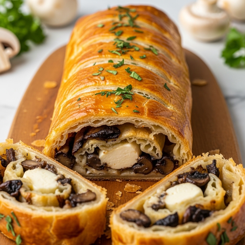 A long, golden-brown puff pastry roll rests on a wooden board, cut to show the filling inside. The crust is shiny and flaky with layered, crisp textures and is topped with fresh green herbs. Inside, the filling has melted cheese that is creamy white and smooth, mixed with dark brown sautéed mushrooms. The pastry’s edges are slightly curled, and the roll is sliced into several segments showing the soft and gooey interior against the crispy outer layers. The background has a blurred view of fresh mushrooms and green herbs, with the surface changed to a white marbled texture. photo taken with an iphone --ar 4:5 --v 7