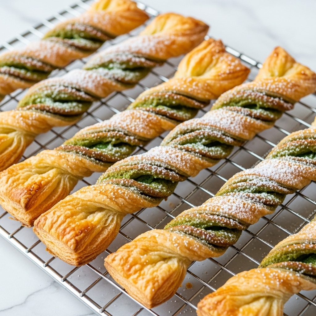 The image shows twelve twisted pastry sticks laid out on a copper-colored wire cooling rack. Each pastry stick has two visible layers twisted around each other—the outer layer is golden brown and flaky with a slight shine, and the inner layer is a darker greenish color, rougher in texture. The twisted pastries are uneven in shape and color, with some showing more browned spots. The wire rack sits on a white marble surface with grey and black veins. The photo taken with an iphone --ar 4:5 --v 7