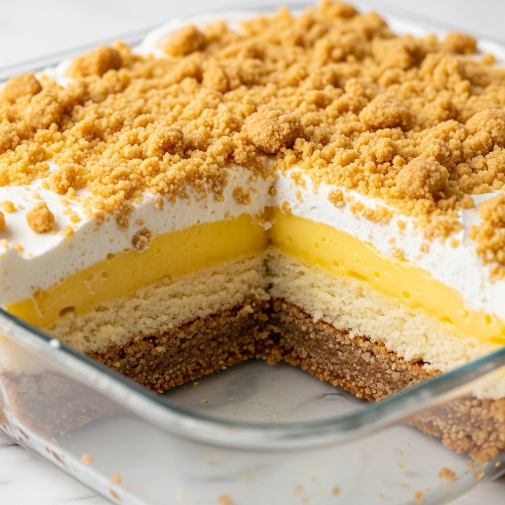 This is a close-up of a square dessert with four visible layers, placed in a clear glass dish on a white marbled surface. The bottom layer is a dense, crumbly crust with a light brown color. Above it is a pale, soft cake layer, slightly thicker than the crust. Next is a bright yellow, glossy custard or lemon filling that looks smooth and thick. The top layer is a fluffy white cream, topped with a generous crumbly golden-brown streusel or crumble, scattered unevenly to give a rough texture. A small wedge has been cut out, showing the layers inside clearly. Photo taken with an iphone --ar 4:5 --v 7