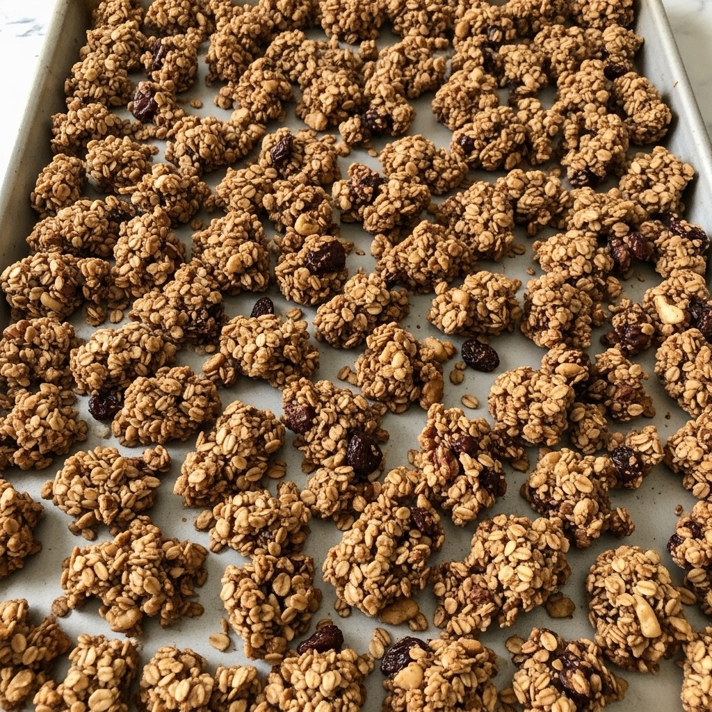 The image shows a baking tray covered with clusters of granola. The granola pieces are uneven in size and texture, featuring a mix of light brown oats and darker chunks that appear to be nuts or dried fruit. The colors range from golden brown to deep brown, indicating toasted ingredients. The granola has a rough, crunchy texture and is spread in a single layer across the tray. The background looks like a white marbled texture. photo taken with an iphone --ar 4:5 --v 7