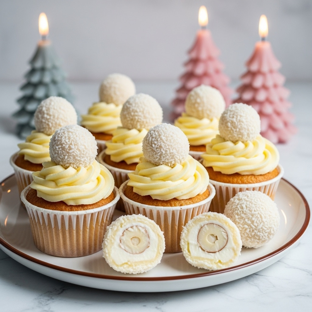 The image shows a group of vanilla cupcakes with light yellow swirled frosting on top, each topped with a white coconut-covered ball. The cupcakes have golden-brown bases in white paper liners. They are arranged on a white plate with a brown rim, placed on a white marbled surface. Two of the coconut balls on the plate are cut open to show a white creamy center and round nut inside. In the blurred background, there are two lit candles shaped like pine trees, one in pale gray and the other soft pink, adding a warm and cozy feel. Photo taken with an iphone --ar 4:5 --v 7