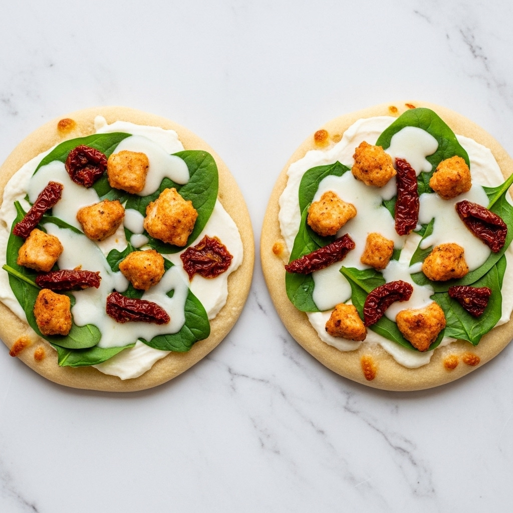 Two small pizzas lie side by side on a surface with a white marbled texture. Each pizza has a light golden crust as the bottom layer. On top, there is a white layer of melted cheese, smooth and creamy, covering the entire surface. Scattered on the cheese are bright green spinach leaves, deep red sun-dried tomato pieces, and small chunks of golden-brown chicken. The colors mix together creating a fresh and tasty look, with a soft and gooey texture from the melted cheese. Photo taken with an iphone --ar 4:5 --v 7