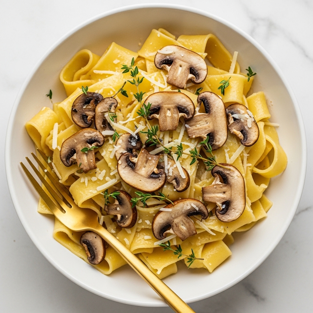 A white bowl filled with wide, flat pasta noodles that are pale yellow in color and have a smooth, slightly shiny texture. Scattered on top and mixed among the noodles are slices of sautéed mushrooms with a brown and slightly darker brown color, showing a tender texture. Sprigs of fresh green thyme rest on top of the pasta, adding a touch of color contrast. Fine shavings of white cheese are sprinkled lightly over the dish. A gold fork sits inside the bowl, partially under the noodles on a white marbled surface. Photo taken with an iphone --ar 4:5 --v 7