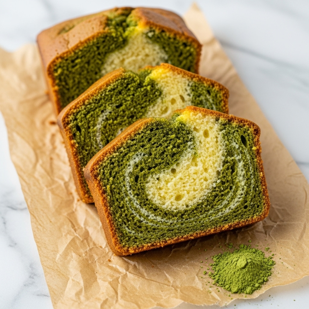 Three slices of marble cake with two clear layers, one light yellow and one green with a rough, moist texture, are placed on crinkled brown paper. The green layer appears to be swirled unevenly into the yellow layer, creating a marbled pattern, and the edges of the cake are light golden brown. A small pile of green powder rests near the bottom right slice. The background is a white marbled texture. photo taken with an iphone --ar 4:5 --v 7