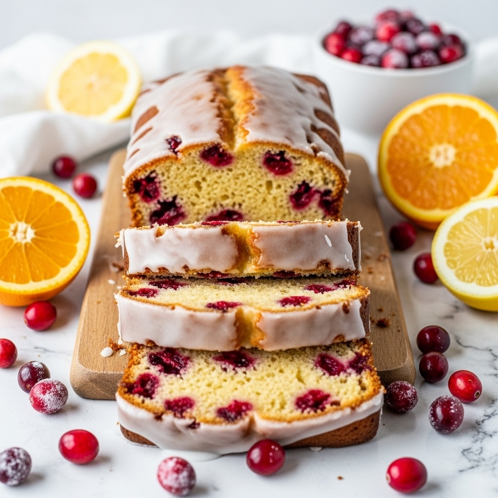 The image shows a loaf of cranberry cake with three thick slices cut and laid in front of the rest of the cake on a wooden board. The cake has a light golden-brown crust with a soft, pale yellow interior filled evenly with bright red cranberries. A glossy white icing drips gently down the sides of each slice, adding a smooth texture contrast. Scattered fresh cranberries and halves of orange and lemon surround the board, all set on a white marbled surface. In the background, a white bowl filled with powdered sugar-dusted cranberries adds to the fresh and vibrant feel of the scene. Photo taken with an iphone --ar 4:5 --v 7