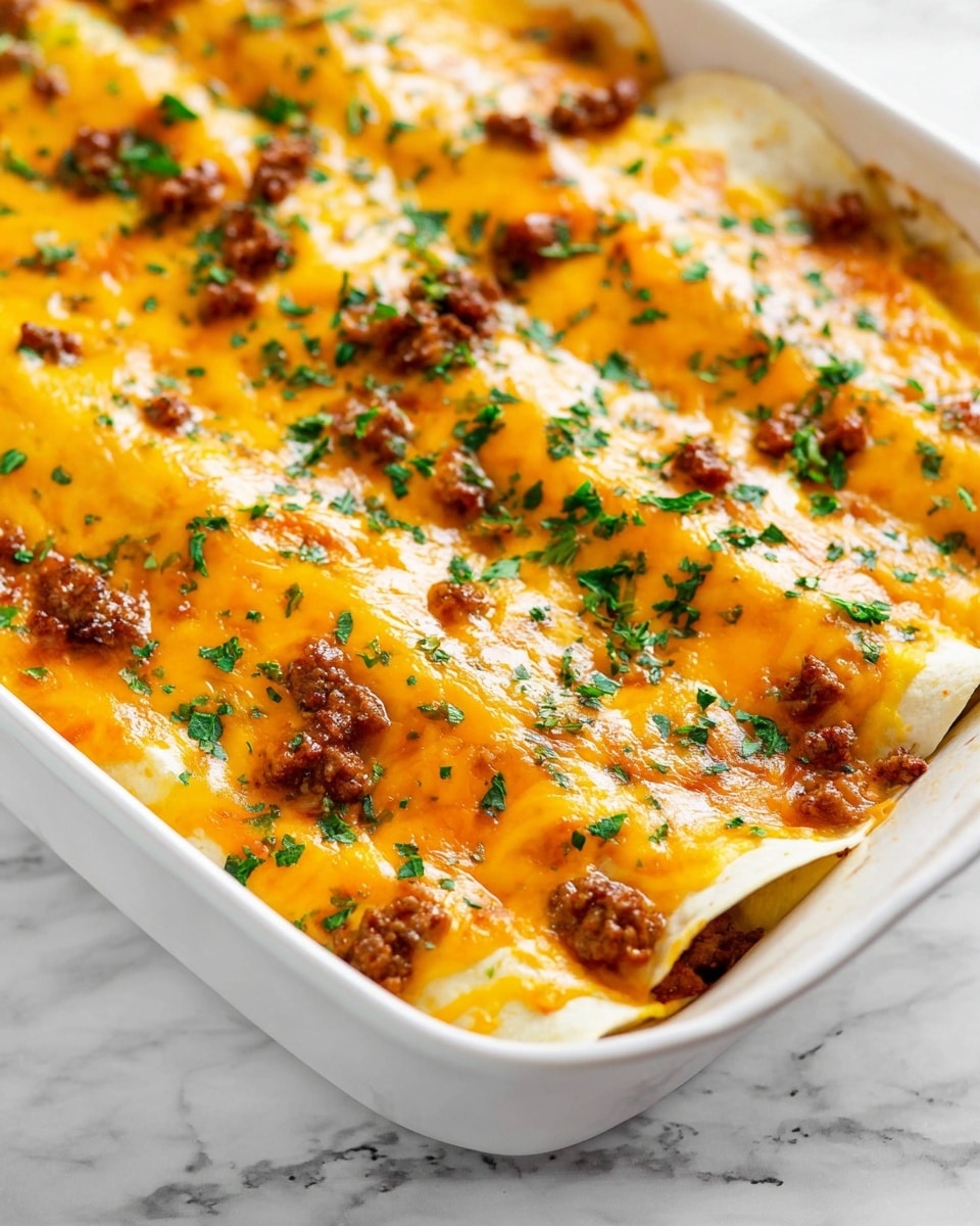 A white baking dish filled with rolled tortillas layered side by side, covered with a thick even layer of melted orange cheddar cheese that appears smooth and glossy. Scattered on top are small chunks of cooked ground meat with a browned texture, and a sprinkle of finely chopped fresh green herbs adds small pops of color across the cheese. The edges of the white tortillas peek out from under the cheese layer, showing their soft and folded texture. The dish sits on a white marbled surface. Photo taken with an iphone --ar 4:5 --v 7