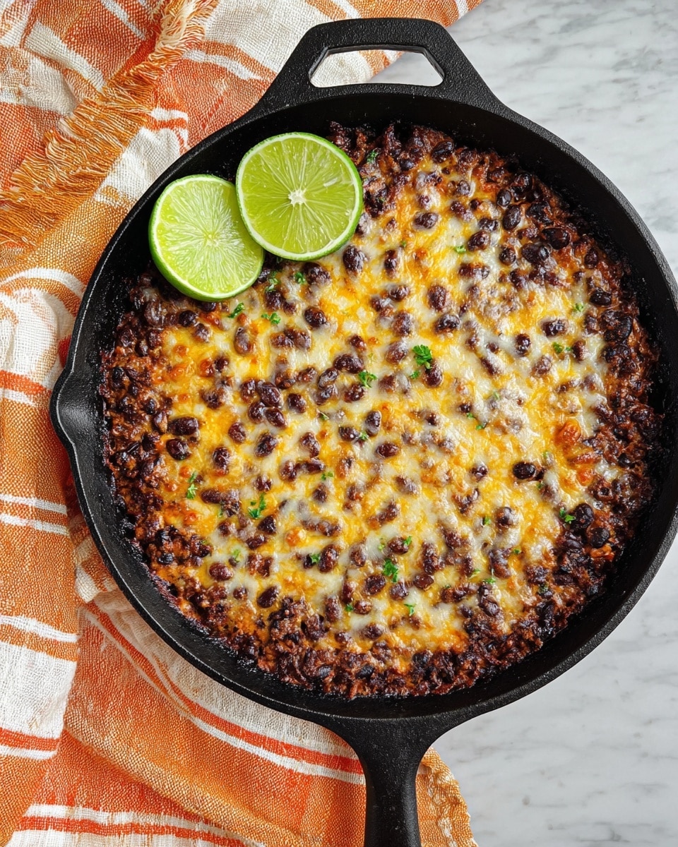 A black cast iron skillet filled with a baked dish made of melted cheese and cooked black beans, forming a speckled top layer with dark brown and golden spots; two bright green lime wedges rest on the top left side of the dish as a garnish. The skillet is placed on a white marbled textured surface beneath a white, light brown, and orange plaid cloth. Photo taken with an iphone --ar 4:5 --v 7