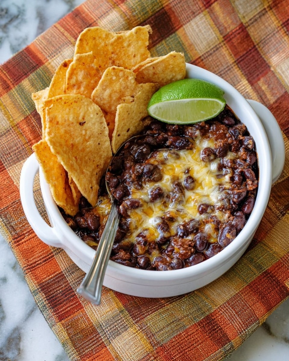 The image shows a white ceramic bowl divided into two sections. One section is filled with baked black beans covered with melted cheese, showing a mix of dark brown beans and light yellow melted cheese on top. A silver spoon is resting in this section, partially submerged in the beans. There is a green lime wedge placed on top of the beans near the spoon. The other section of the bowl holds several golden, crispy tortilla chips stacked together. The bowl sits on a white marbled surface with a colorful checkered cloth underneath in shades of orange, beige, and brown. Photo taken with an iphone --ar 4:5 --v 7